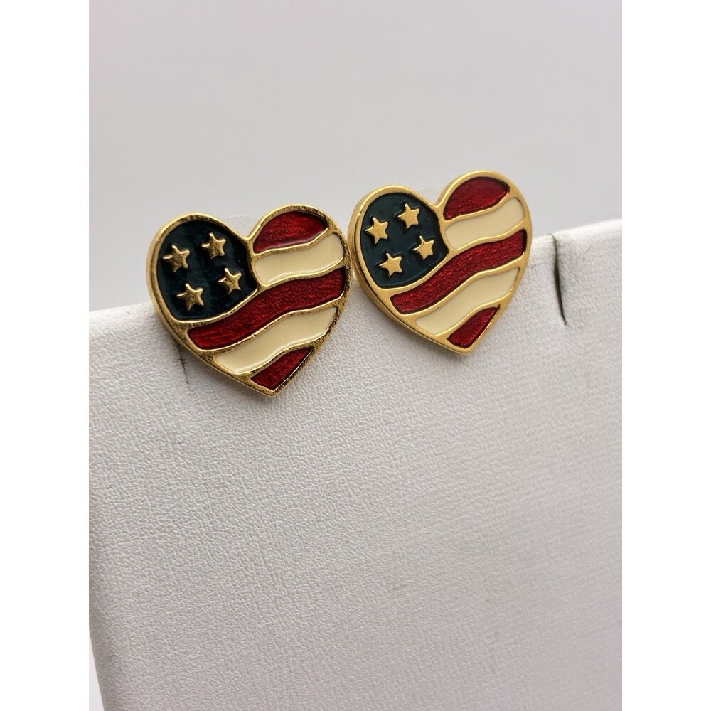 Patriotic Red White Blue Star Stripe Heart American Flag Avon Vintage Earrings